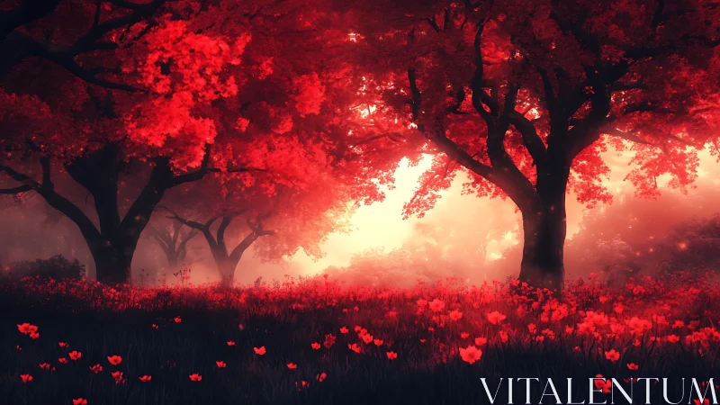 Luminescent Forest: Red Floral Landscape with Atmospheric Backlighting.