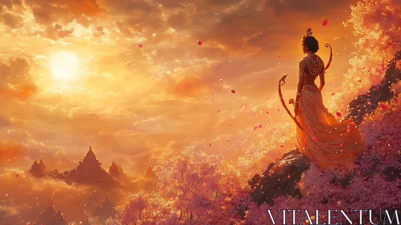 Sunlit deity over cherry valley and distant cloud temples.