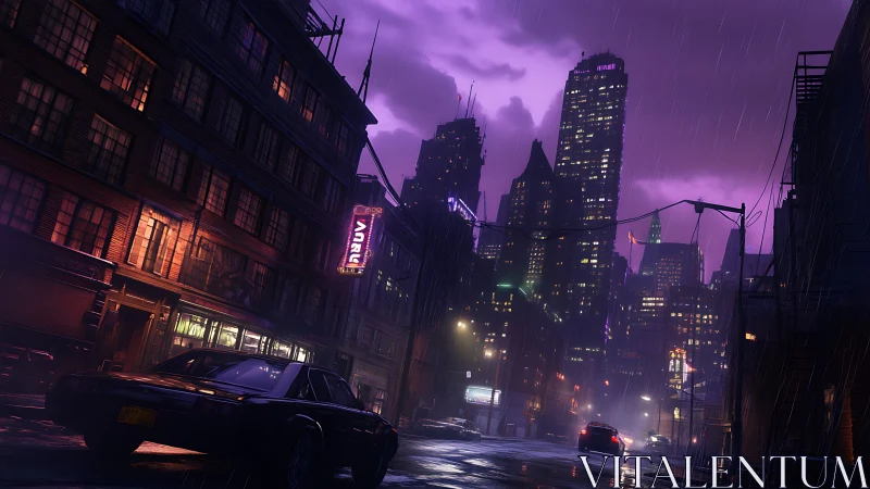 Rain-soaked neon city street tilts toward glowing skyline