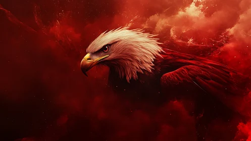 Digital bald eagle profile in dense red atmospheric field.