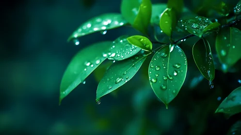 Green leaves with raindrops in close-up macro view.