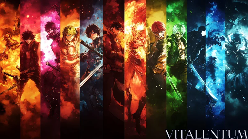 Elemental anime warriors stand aligned in blazing chromatic fire