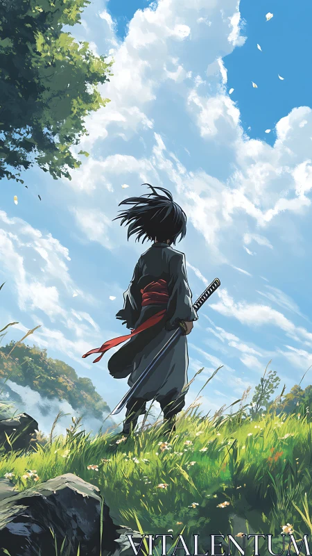 Samurai figure in grassy hillside landscape under sky.
