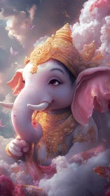 Regal pink elephant deity in clouds with ornate gold crown.
