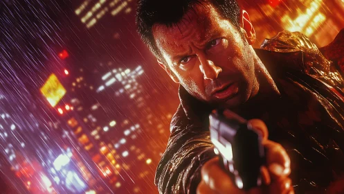 Neon soaked showdown in the rain lit city night.