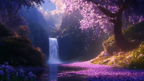 Enchanted waterfall glows beneath luminous cherry blossoms.