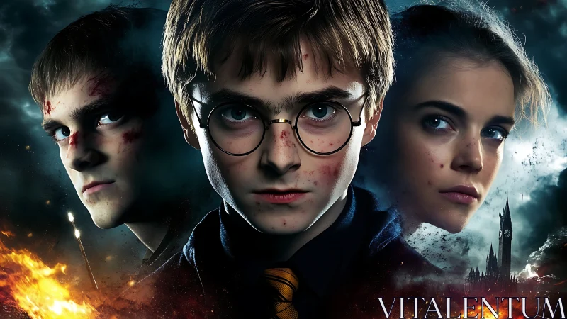 Storm-lit trio of young heroes in cinematic fantasy poster.