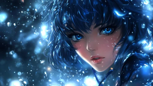 Iridescent blue haired anime heroine amid crystalline light field