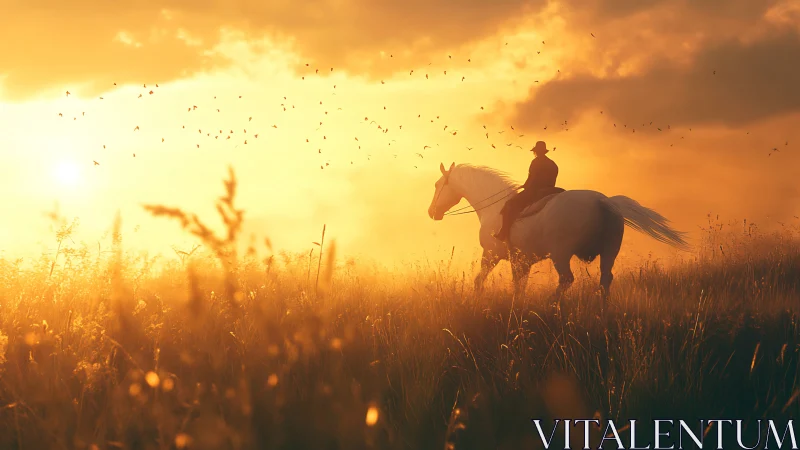 Lone rider on white horse crossing meadow at sunset