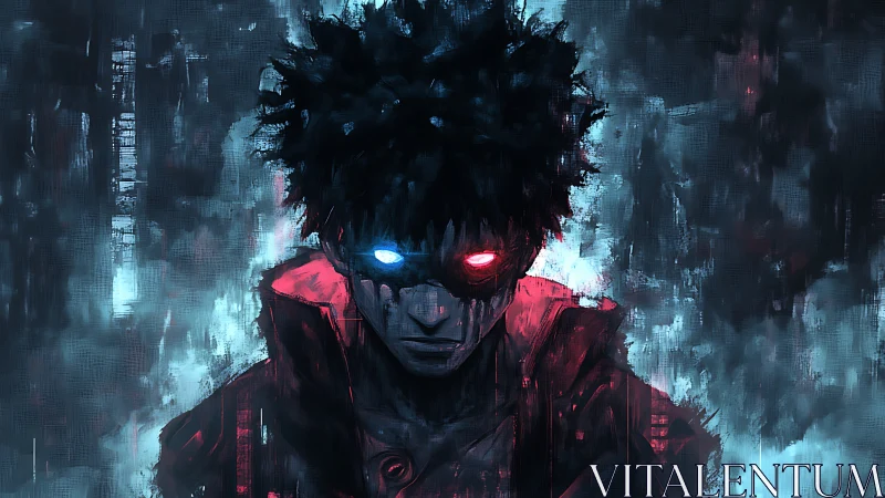 Dual-glow antihero in glitching neon storm backdrop.