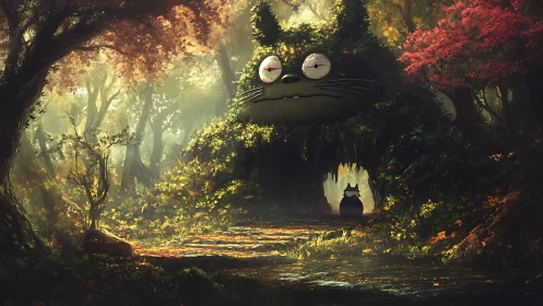 Mossy forest spirit gate glows through dappled sunset light.