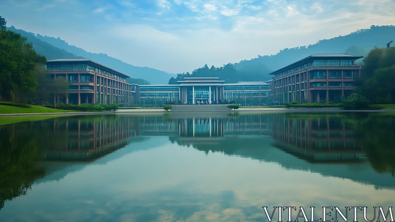 Symmetric campus architecture reflected in still axial water surface