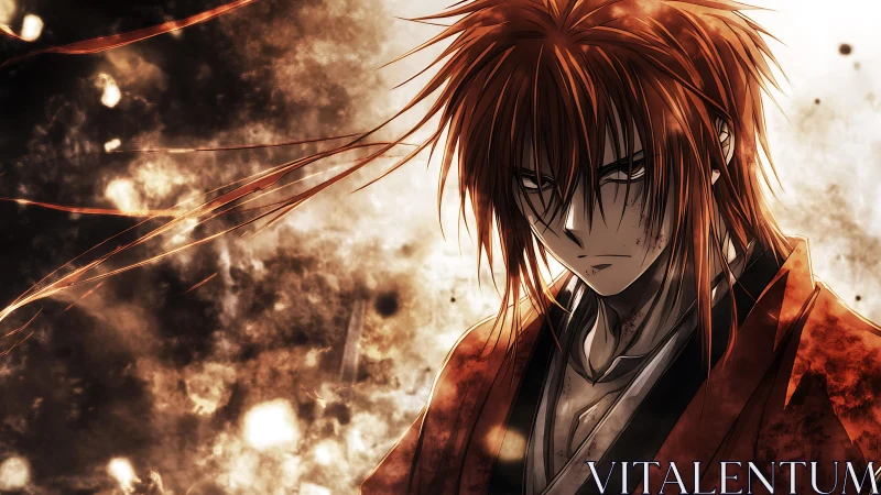 Fiery samurai warrior standing strong in a storm of embers.