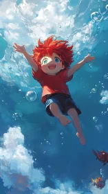 Joyful red-haired child floating in a bright blue dream pool.