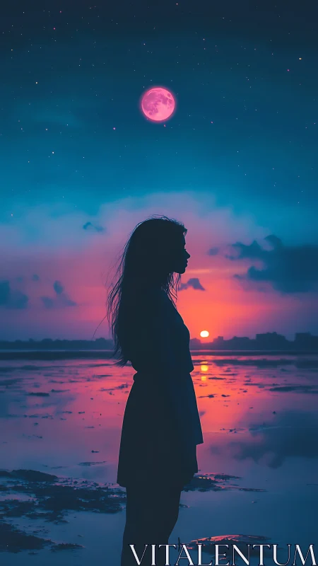 Dreamy shoreline silhouette under a glowing pink moon.