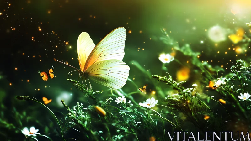 Backlit macro butterfly renders luminous wings in glowing meadow