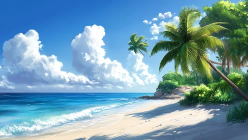 Tropical Coastal Scene with Palm Trees and Ocean.