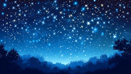 Dense starfield over silhouetted forest canopy in blue gradient