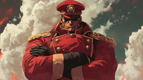 Military officer in red uniform crosses arms under clouds