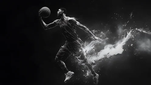Monochrome basketball leap with explosive motion trail.