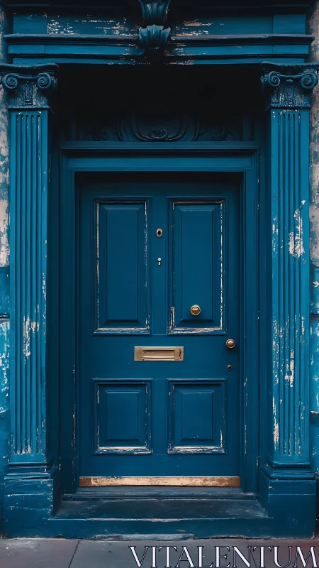 Weathered teal doorway quietly hoards stories in gold trim
