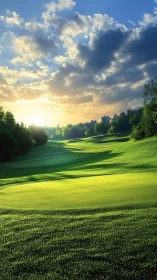 Sunlit golf course fairway under layered morning clouds.