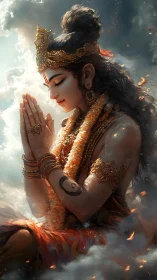 Digital painting of divine meditative figure in cloudlit profile.