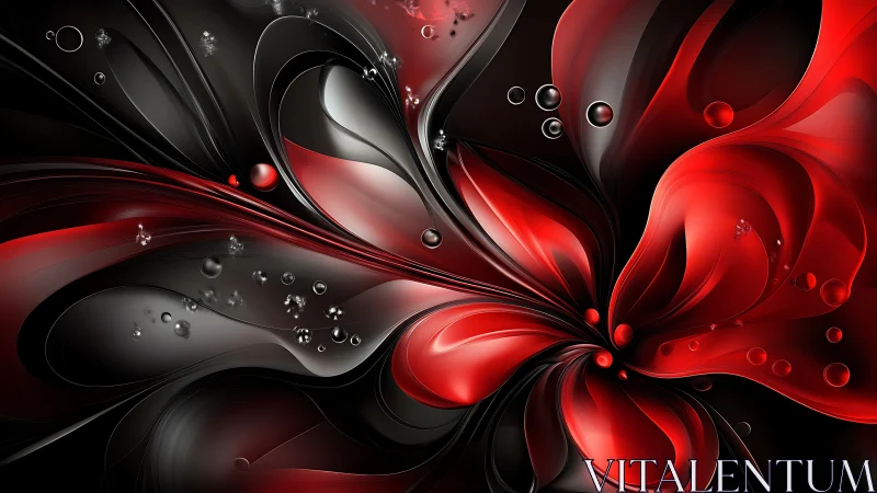 Velvet red petals swirling through glossy midnight shadows.