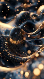 Abstract dark fluid surface with glowing particle spheres.