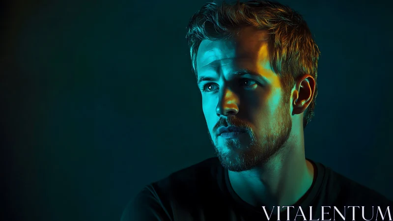 Moody male portrait under teal and amber split lighting.