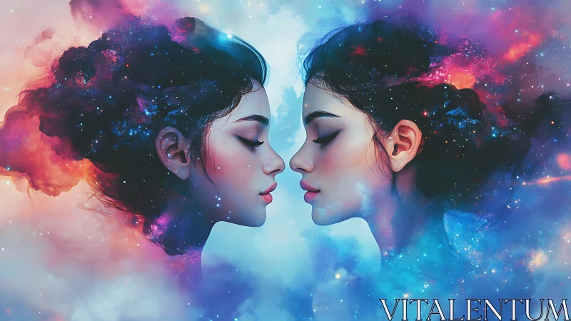 Cosmic twin portraits dissolve into vibrant nebulae dreamscape.