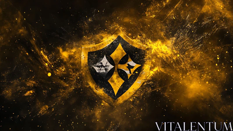Golden shield emblem amid explosive nebula textures.
