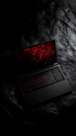 Sleek black laptop glows with red backlit gaming display.