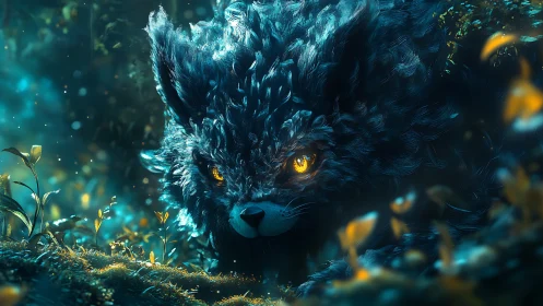 Bioluminescent forest predator with luminous amber oculars.