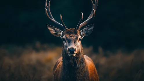 Male deer with antlers in shallow forest background field.