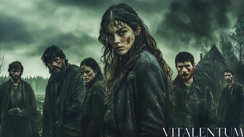 Mud-streaked survivors stand against storm-darkened rural ruin