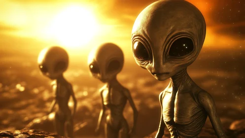 Sunlit alien wanderers gaze across a molten horizon.