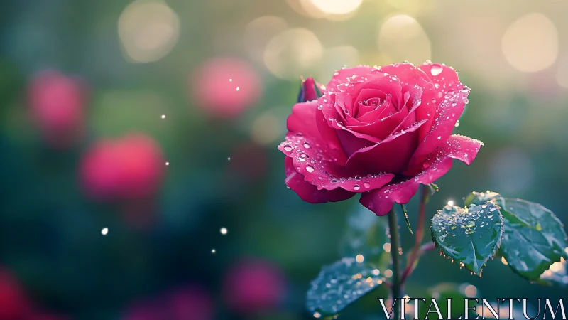 Crimson Rose Adorned with Dewdrops in Soft Afternoon Light