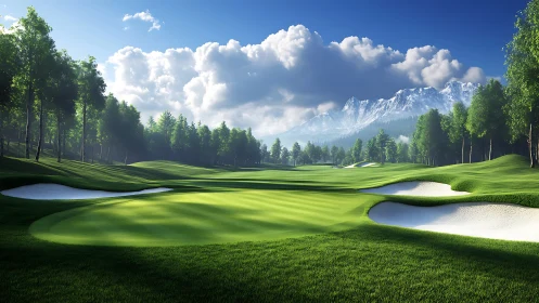 Mountain golf fairway stretches under bright morning sky
