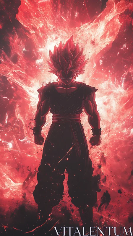 Silhouetted anime warrior in red fiery energy field.