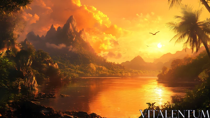 Golden tropical sunset bathes lush mountains and calm river
