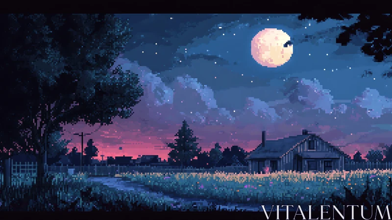 Pixel art rural nightscape with moonlit cottage and field.