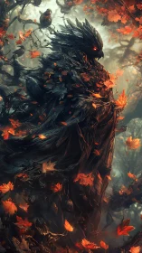 Autumn forest guardian of embers rises amid swirling leaves