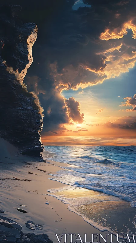 Golden tide beneath stormlit cliffs at quiet sundown.