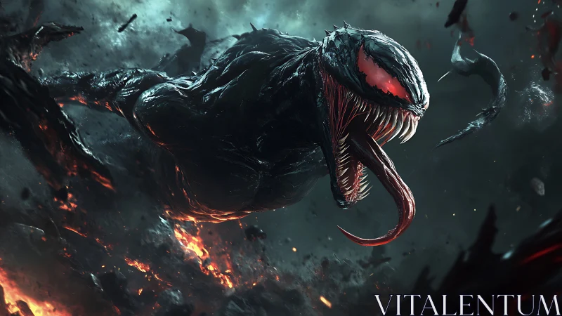 Ferocious alien monster lunges through fiery dark void.