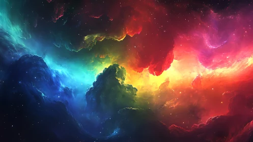 Digital nebula panorama in prismatic cosmic color fields.