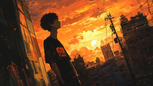 Urban silhouette study under saturated orange atmospheric sunset.