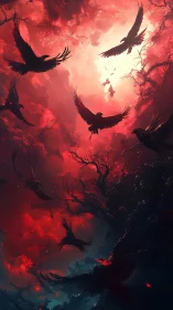 Corvid vortex ascending through crimson atmospheric aperture.