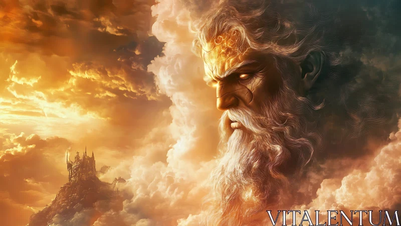 Storm god face emerges from molten sunset clouds