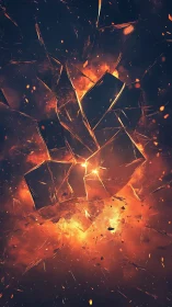 Fractured glass cubes explode amid incandescent plasma core